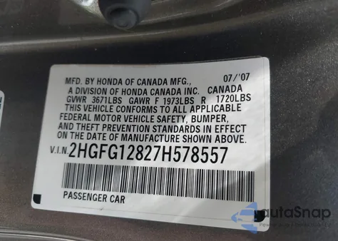 2007 Honda Civic Ex из США, поврежденный, VIN 2HGFG12827H578557